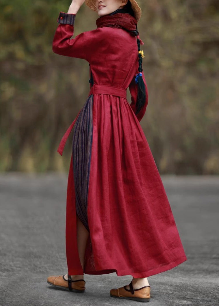 Vintage Red Pockets Tie Waist Patchwork Cotton Long Dresses Spring