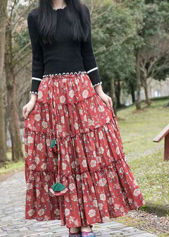 Vintage Red Print Cinched Patchwork Cotton Skirts Summer