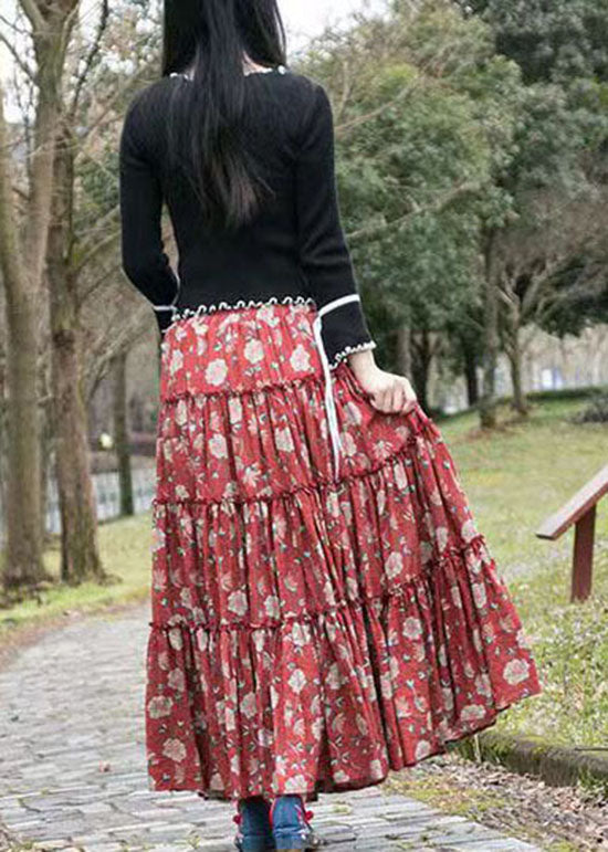 Vintage Red Print Cinched Patchwork Cotton Skirts Summer