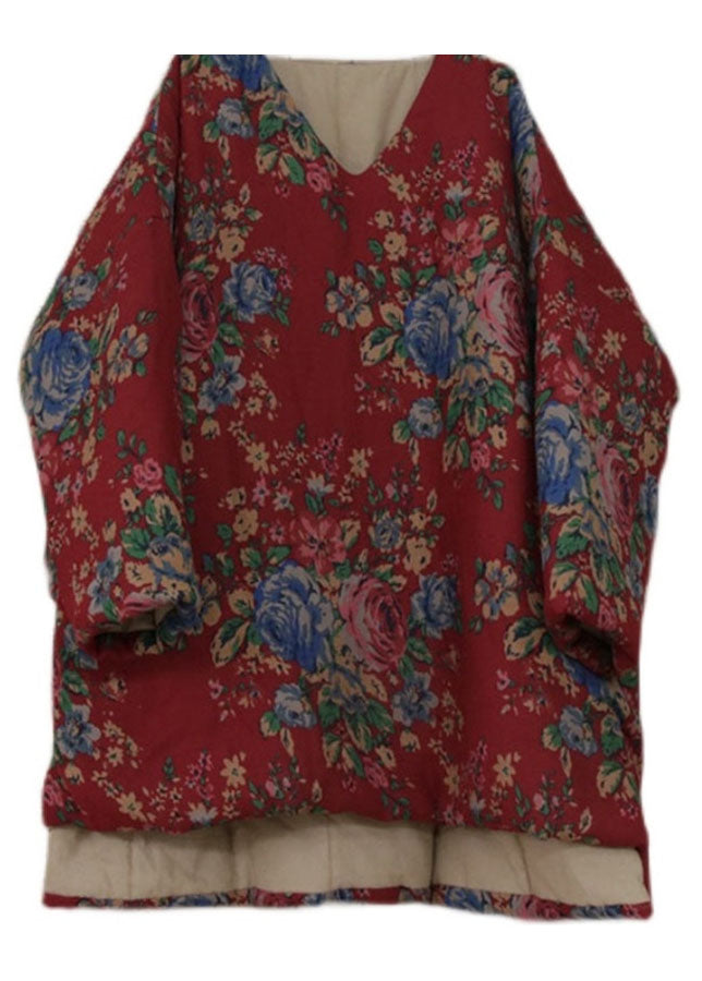 Vintage Red Print Low High Design Fine Cotton Filled Witner Coats