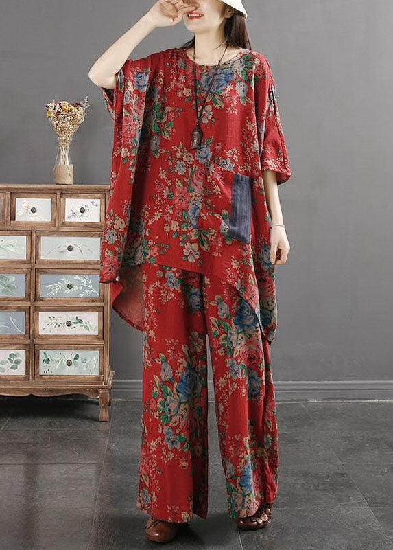 Vintage Red Print Pockets Patchwork Tops And Pants Cotton Two Pieces Set Summer - Omychic