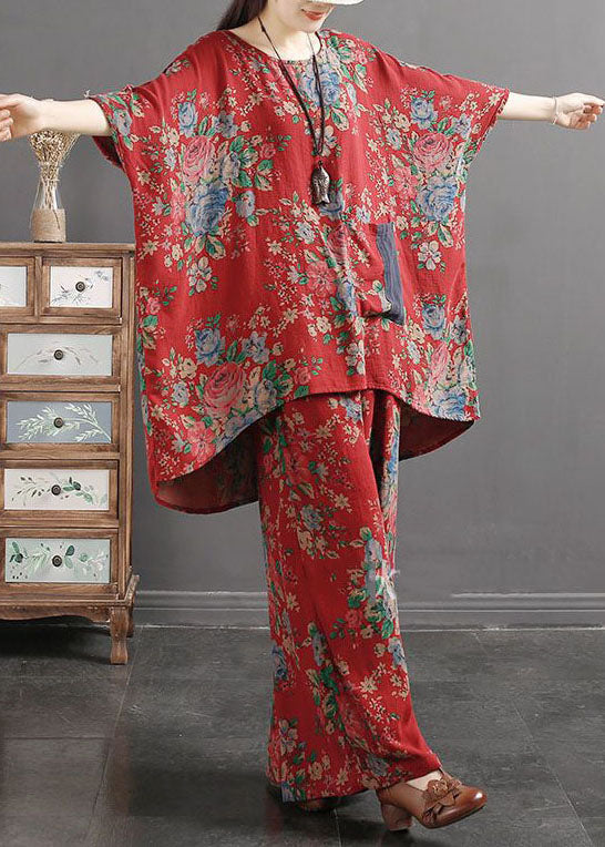 Vintage Red Print Pockets Patchwork Tops And Pants Cotton Two Pieces Set Summer - Omychic