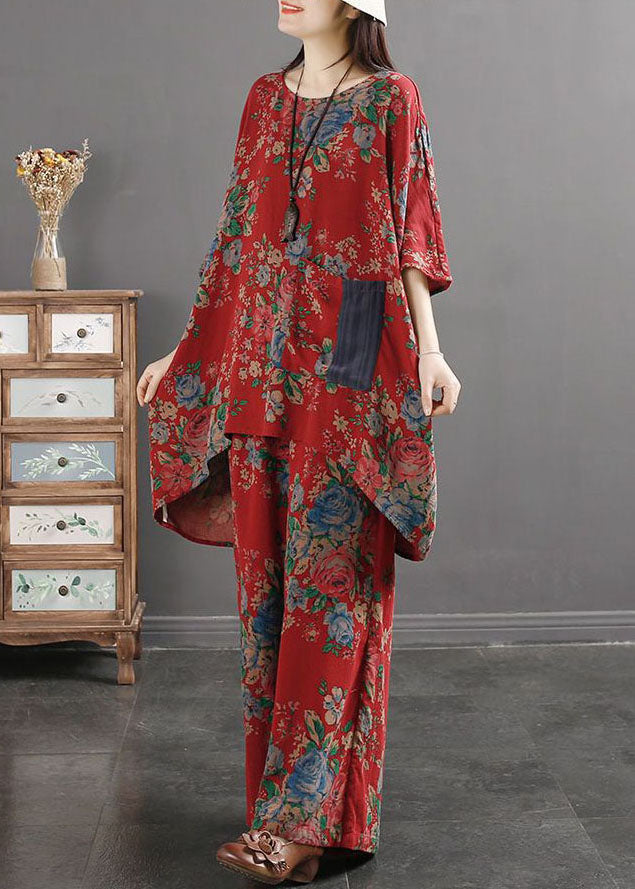 Vintage Red Print Pockets Patchwork Tops And Pants Cotton Two Pieces Set Summer - Omychic