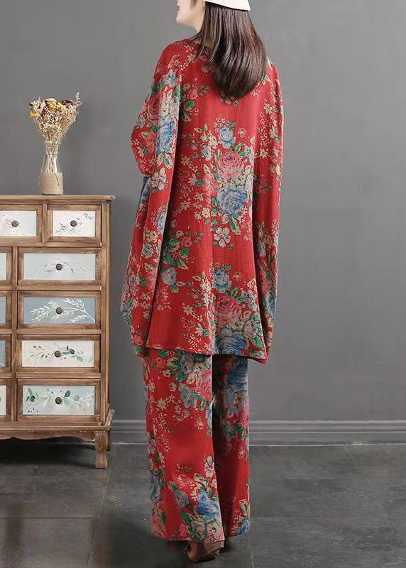Vintage Red Print Pockets Patchwork Tops And Pants Cotton Two Pieces Set Summer - Omychic