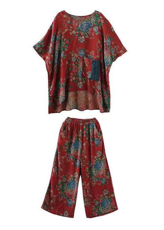 Vintage Red Print Pockets Patchwork Tops And Pants Cotton Two Pieces Set Summer - Omychic