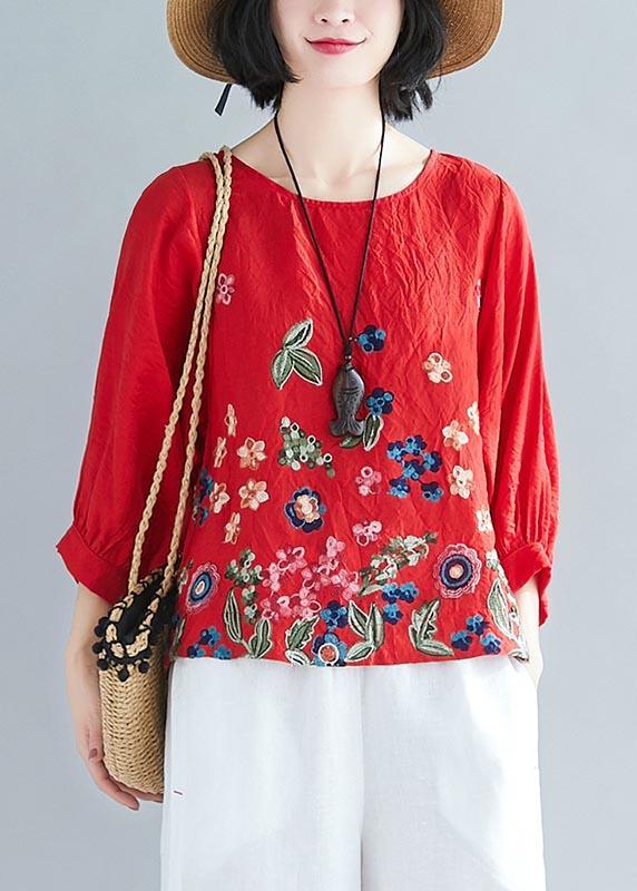 Vintage Red Printlow high design Cotton Linen Blouse Tops Summer - Omychic