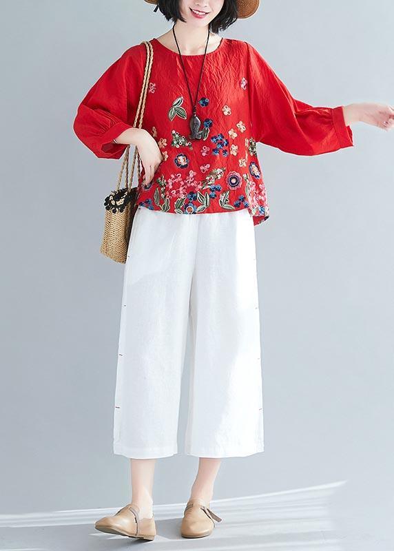 Vintage Red Printlow high design Cotton Linen Blouse Tops Summer - Omychic