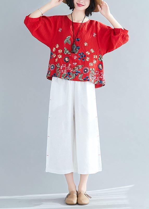 Vintage Red Printlow high design Cotton Linen Blouse Tops Summer - Omychic