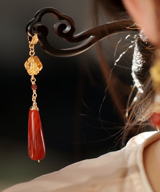 Vintage Red Sandalwood Agate Water Drop Hairpin