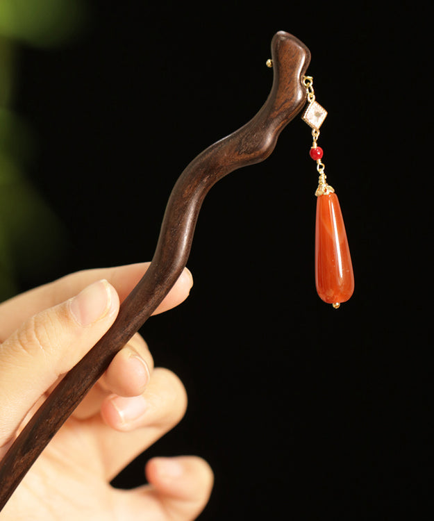 Vintage Red Sandalwood Agate Water Drop Hairpin