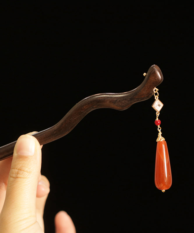 Vintage Red Sandalwood Agate Water Drop Hairpin