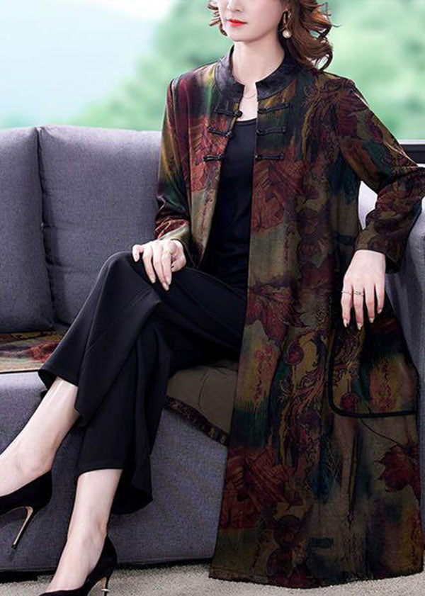 Vintage Red Stand Collar Oversized Print Silk Trench Long Sleeve - Omychic