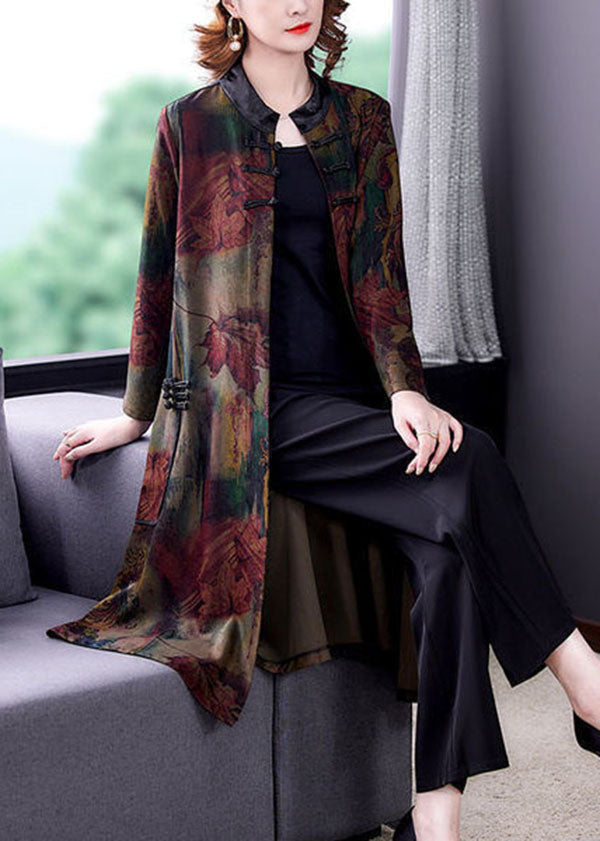 Vintage Red Stand Collar Oversized Print Silk Trench Long Sleeve - Omychic
