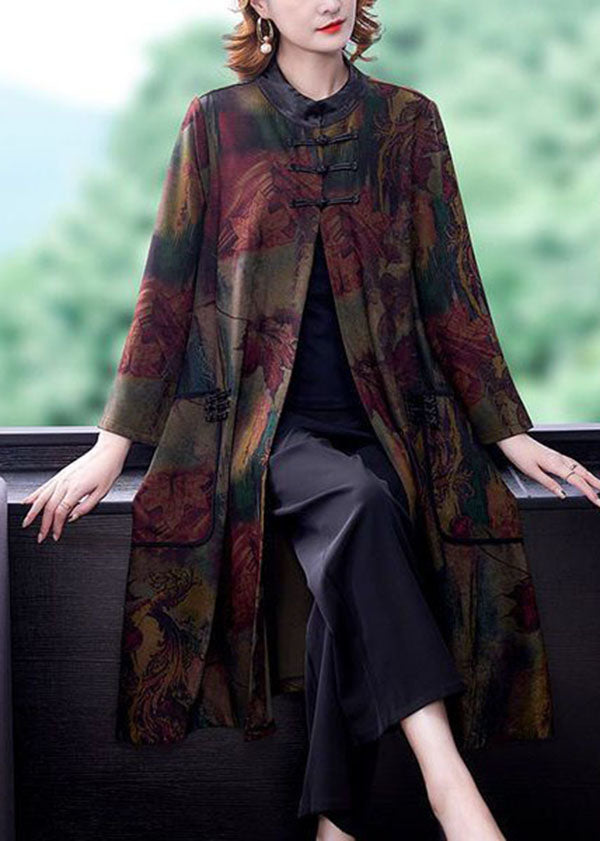 Vintage Red Stand Collar Oversized Print Silk Trench Long Sleeve - Omychic