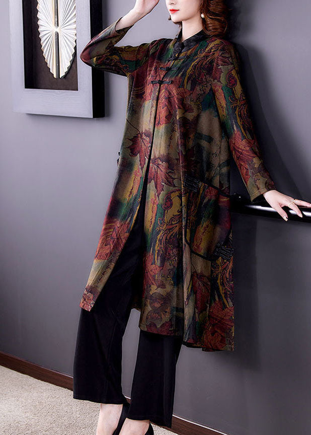 Vintage Red Stand Collar Oversized Print Silk Trench Long Sleeve - Omychic