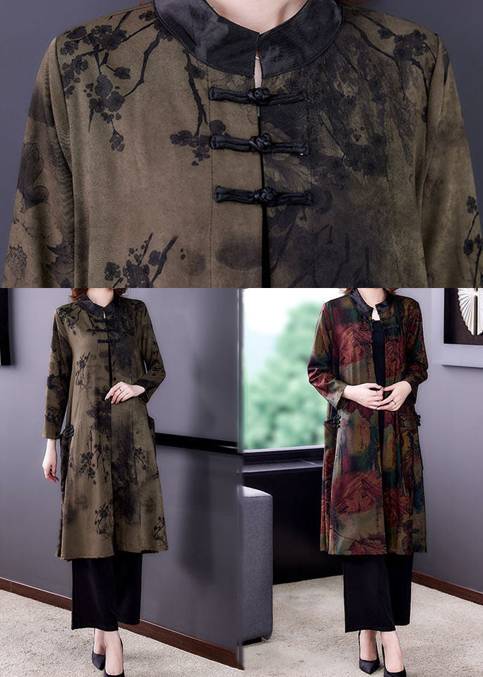 Vintage Red Stand Collar Oversized Print Silk Trench Long Sleeve - Omychic