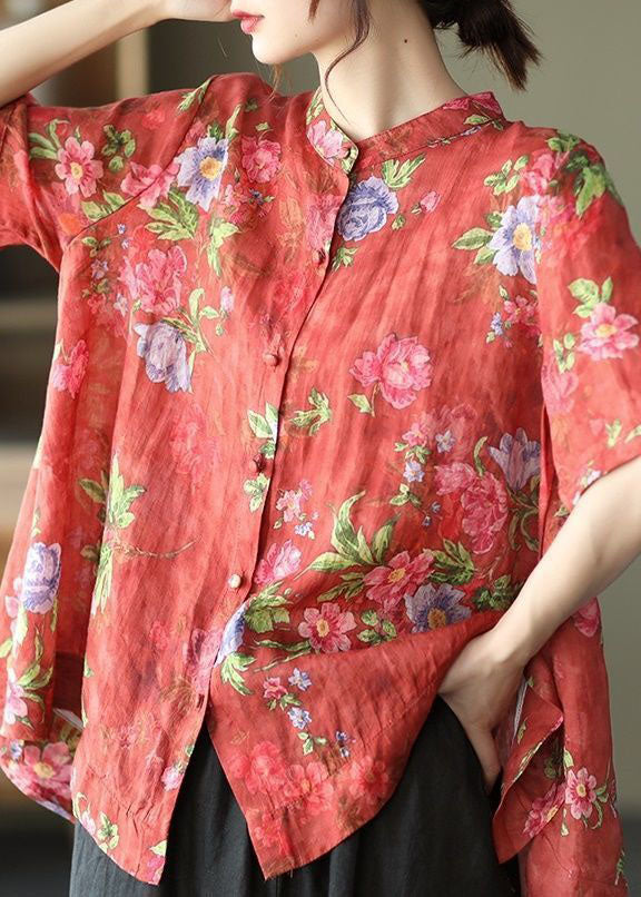 Vintage Red Stand Collar Print Cotton Shirt Tops Short Sleeve