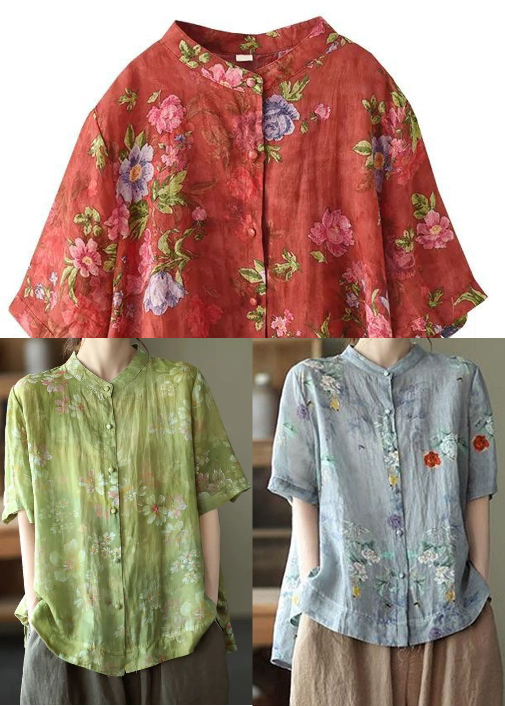 Vintage Red Stand Collar Print Cotton Shirt Tops Short Sleeve