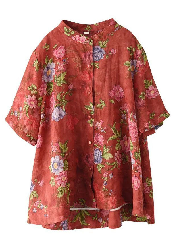 Vintage Red Stand Collar Print Cotton Shirt Tops Short Sleeve