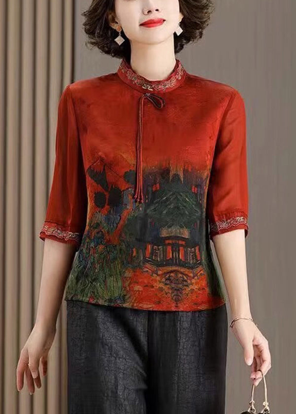 Vintage Red Stand Collar Tasseled Print Silk Shirt Tops Half Sleeve