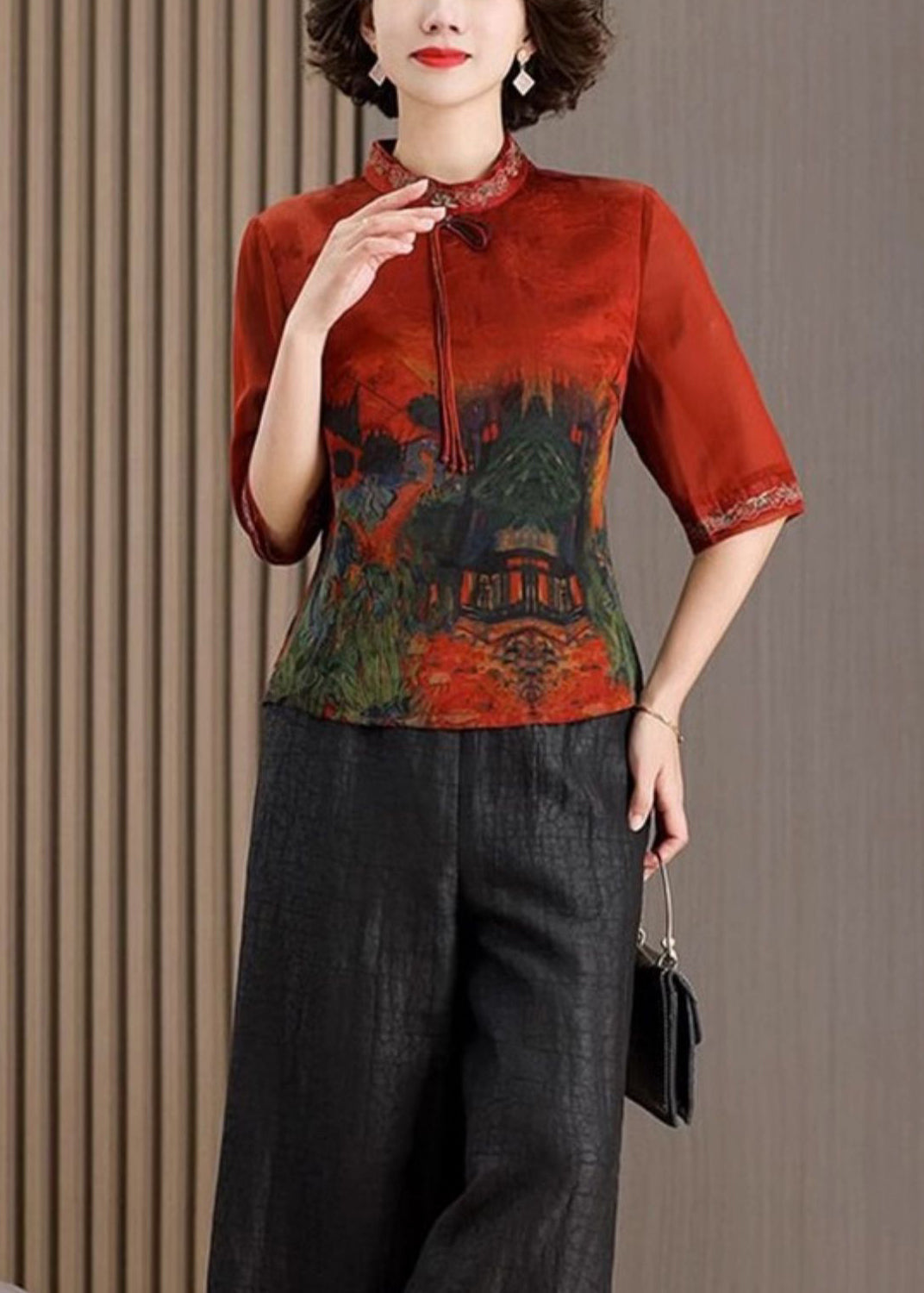 Vintage Red Stand Collar Tasseled Print Silk Shirt Tops Half Sleeve