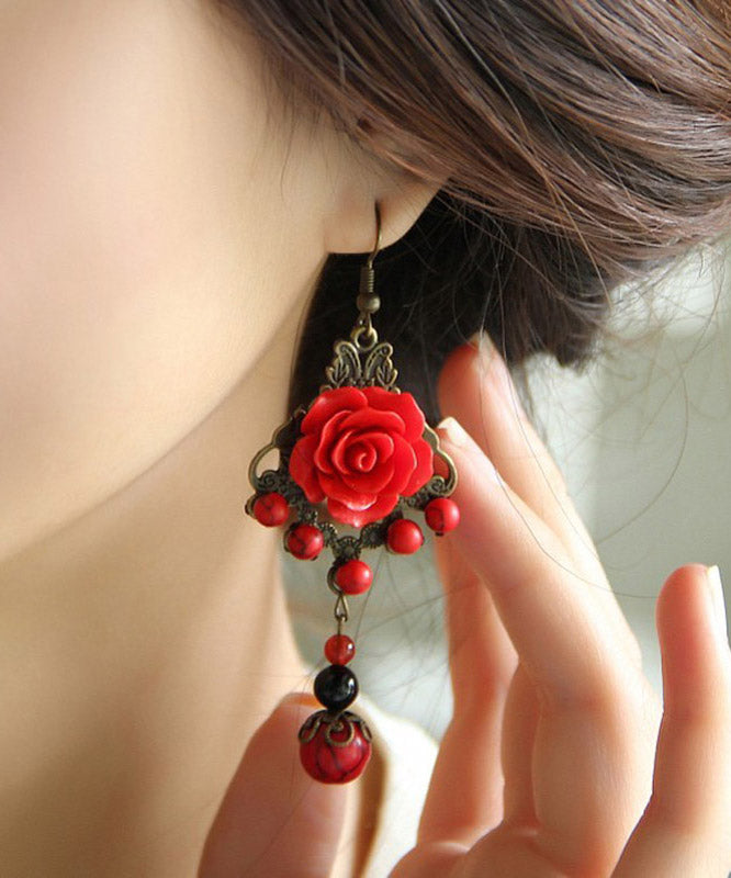 Vintage Red Sterling Silver Alloy Agate Turquoise Floral Tassel Drop Earrings