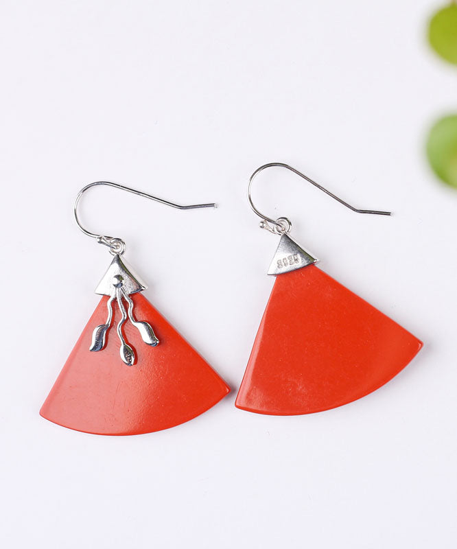 Vintage Red Sterling Silver Triangular Cinnabar Drop Earrings