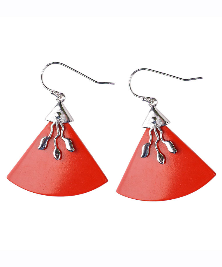 Vintage Red Sterling Silver Triangular Cinnabar Drop Earrings