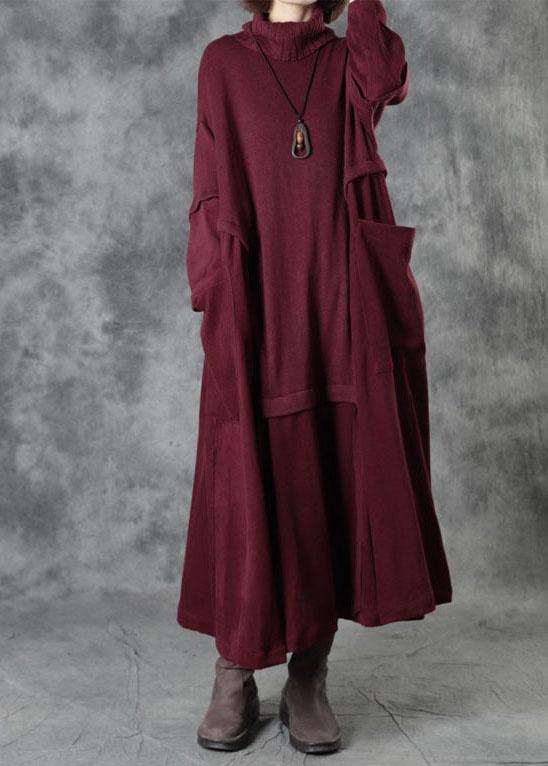 Vintage Red Turtleneck Patchwork Winter Knitted Dress - Omychic