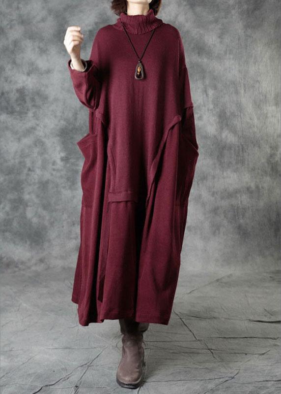 Vintage Red Turtleneck Patchwork Winter Knitted Dress - Omychic