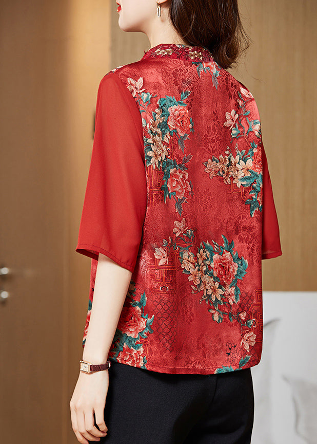 Vintage Red V Neck Embroideried Patchwork Silk Blouse Top Half Sleeve