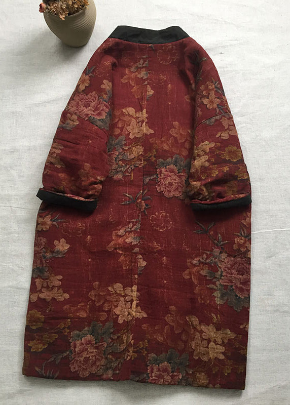 Red Print Fine Cotton Filled Jackets Chinese Button Spring TI037