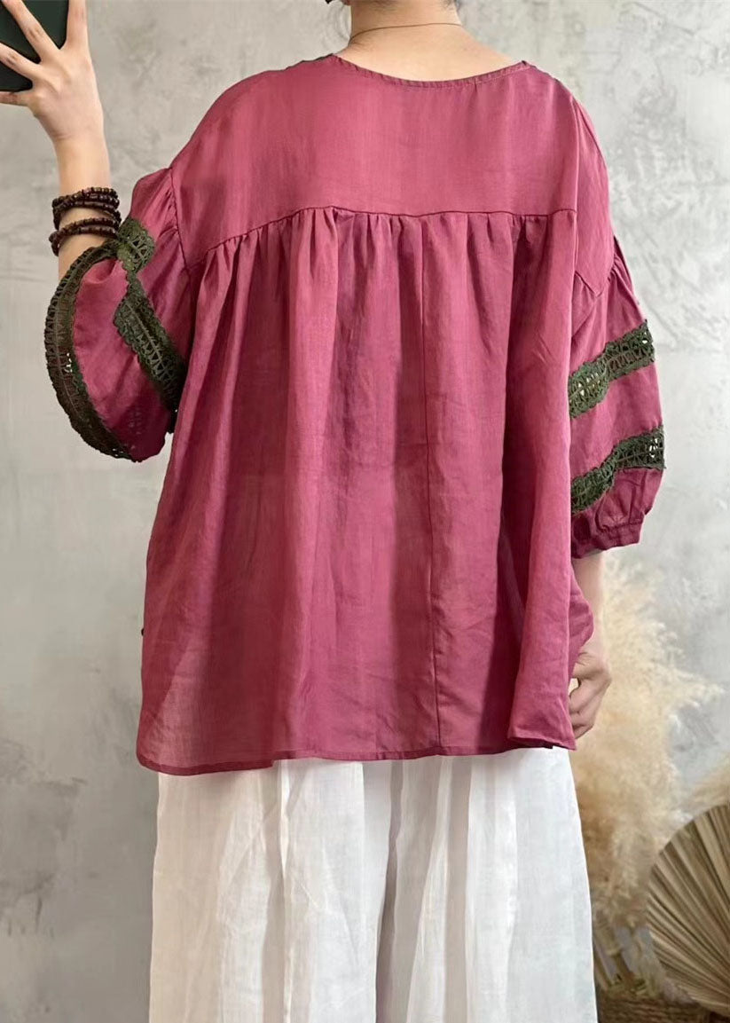 Vintage Rose V Neck Hollow Out Lace Patchwork Linen Tops Lantern Sleeve