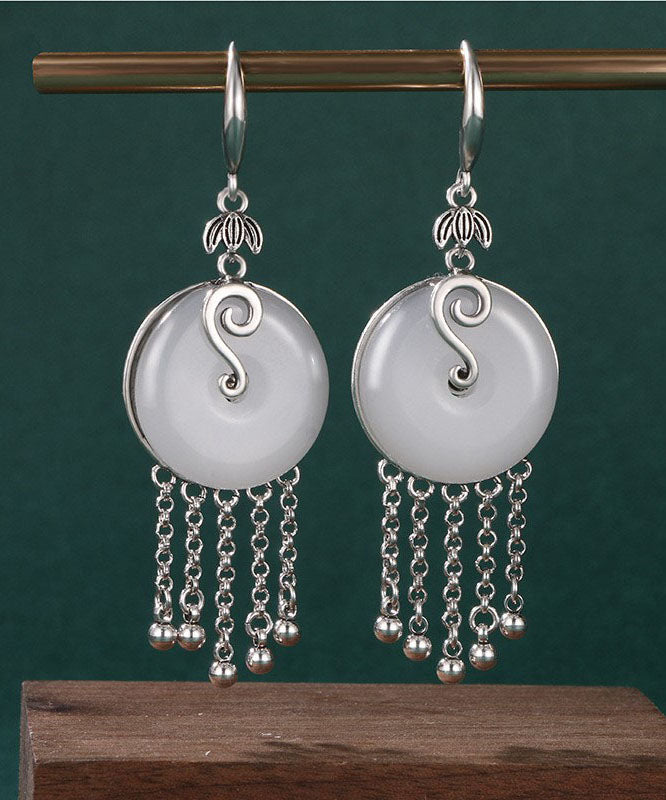 Vintage Silk Sterling Silver Inlaid Jade Tassel Drop Earrings