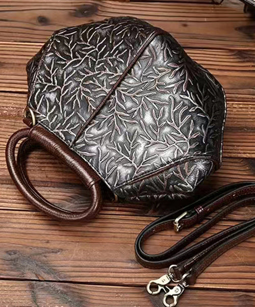 Vintage Silver Brown Cowhide Embossed Solid Durable Handbag