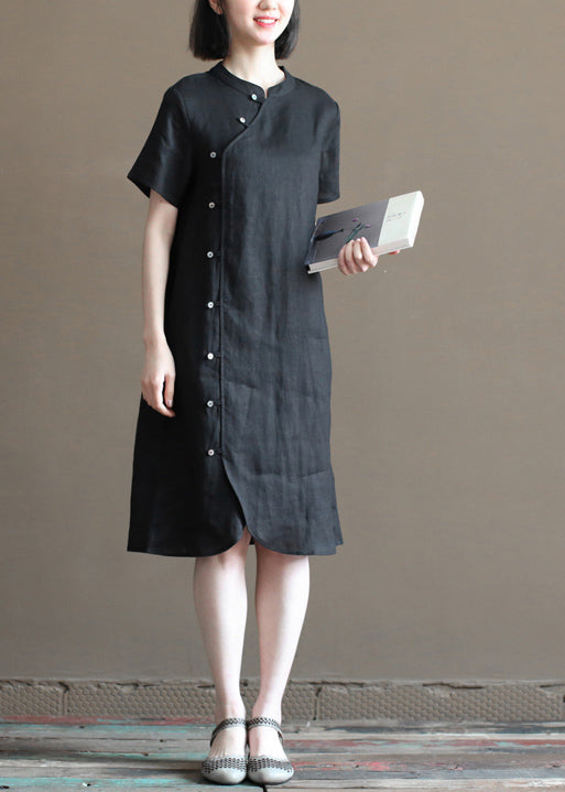 Vintage Solid Black Mandarin Collar Button Linen A Line Dresses Short Sleeve