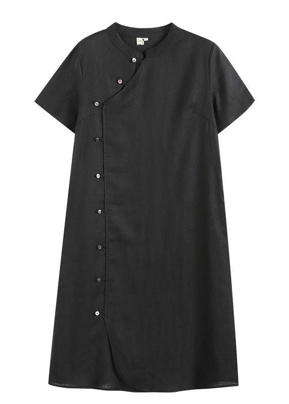 Vintage Solid Black Mandarin Collar Button Linen A Line Dresses Short Sleeve