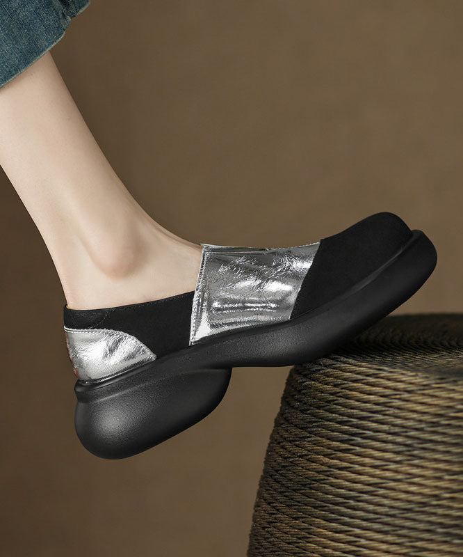 Vintage Splicing Platform Flat Shoes For Women Silver Faux Leather - Omychic