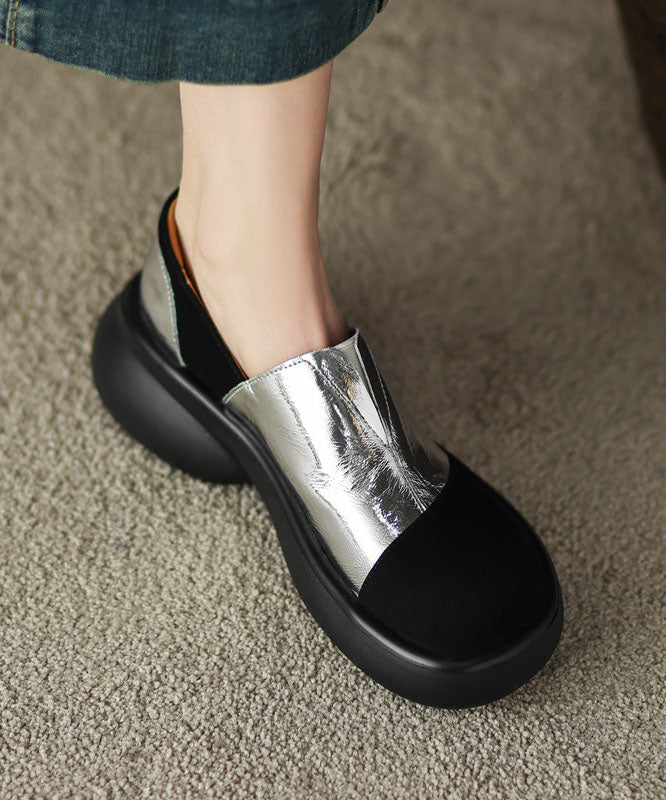 Vintage Splicing Platform Flat Shoes For Women Silver Faux Leather - Omychic