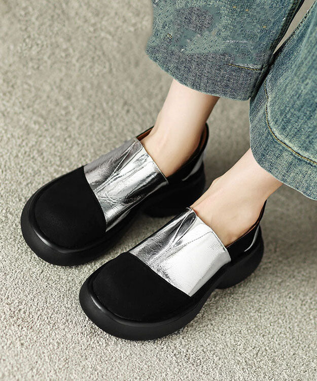 Vintage Splicing Platform Flat Shoes For Women Silver Faux Leather - Omychic