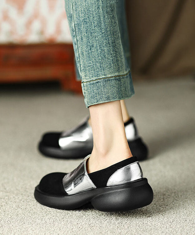 Vintage Splicing Platform Flat Shoes For Women Silver Faux Leather - Omychic