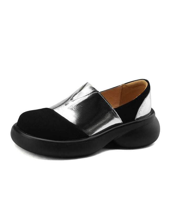 Vintage Splicing Platform Flat Shoes For Women Silver Faux Leather - Omychic