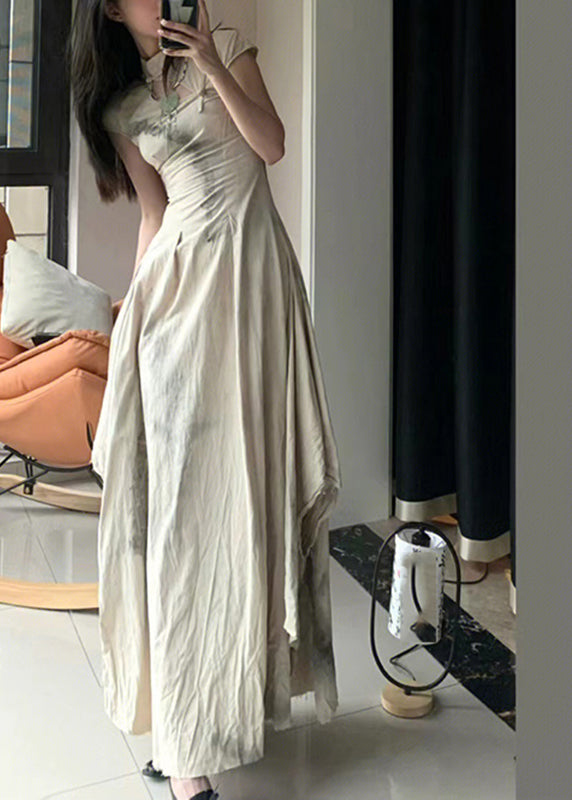 Vintage Stand Collar Print Button Slim Maxi Dress Summer