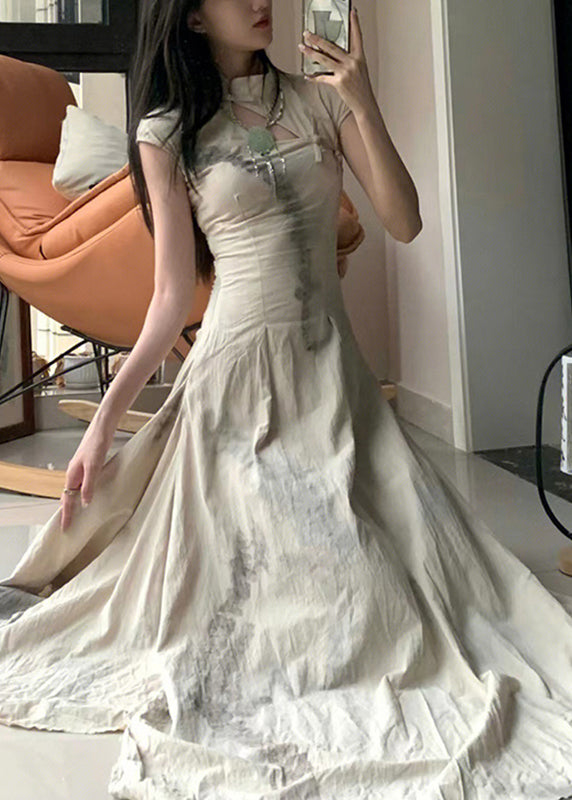 Vintage Stand Collar Print Button Slim Maxi Dress Summer