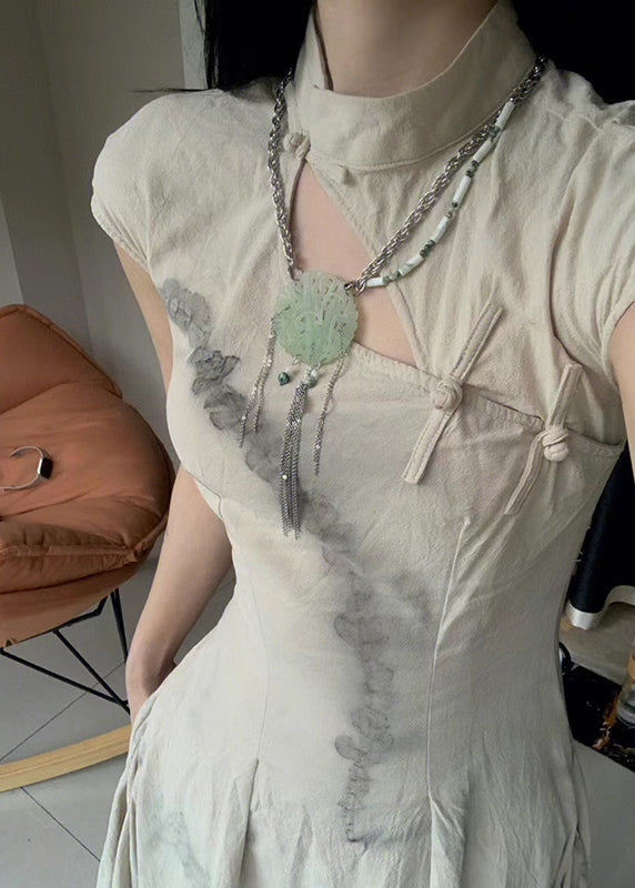 Vintage Stand Collar Print Button Slim Maxi Dress Summer