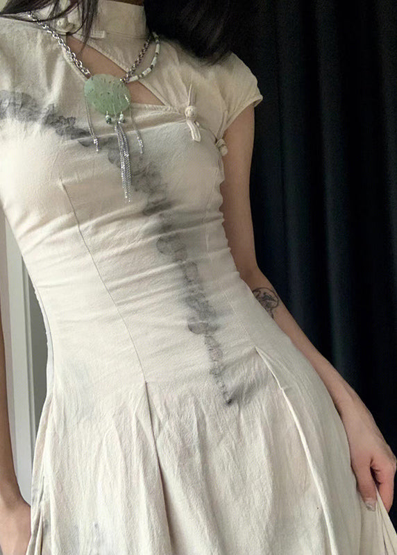 Vintage Stand Collar Print Button Slim Maxi Dress Summer