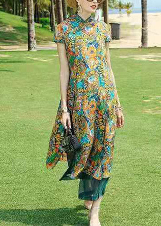 Vintage Stand Collar Print Draping Silk Long Shirts And Wide Leg Pants Two Piece Set Summer