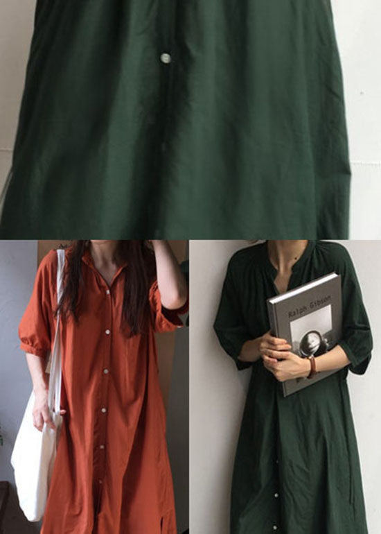 Vintage Tea Green side open Cotton shirt long Dress Half Sleeve