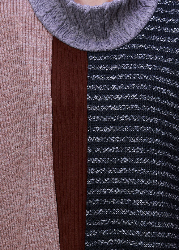 Vintage Turtleneck Striped Patchwork Knit Long Sweater Dress Long Sleeve