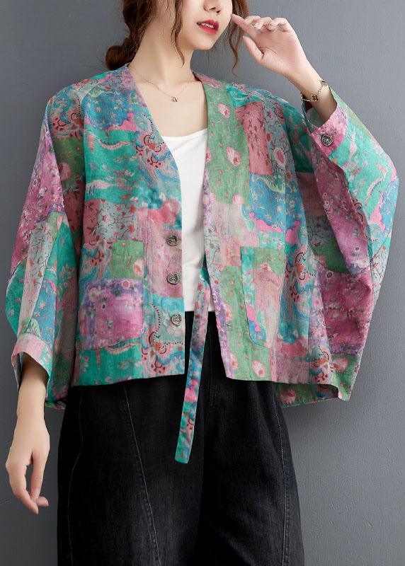 Vintage V Neck Button Pockets Print Fall Coats Long sleeve - Omychic